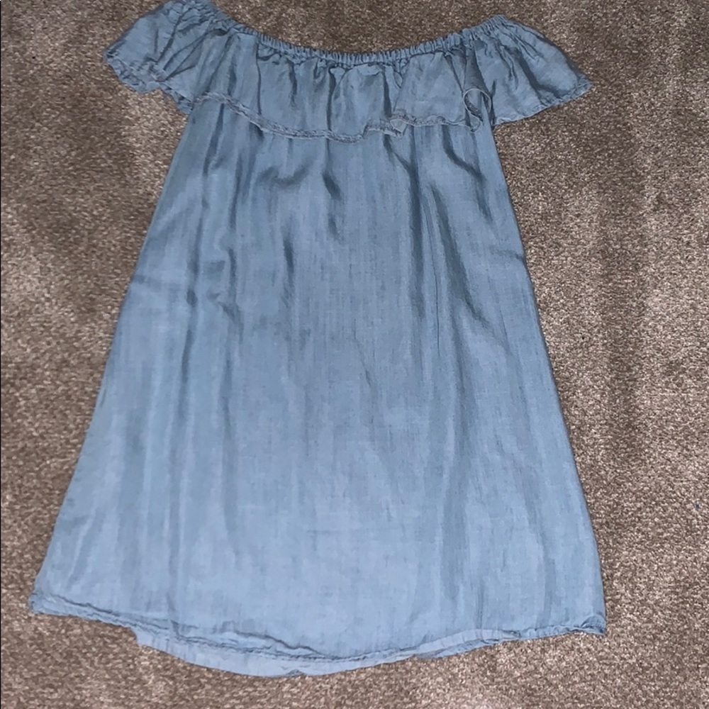 LuLus off the shoulder blue dress with ruffle